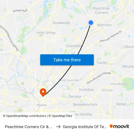 Peachtree Corners Cir & Bannor Ln to Georgia Institute Of Technology map