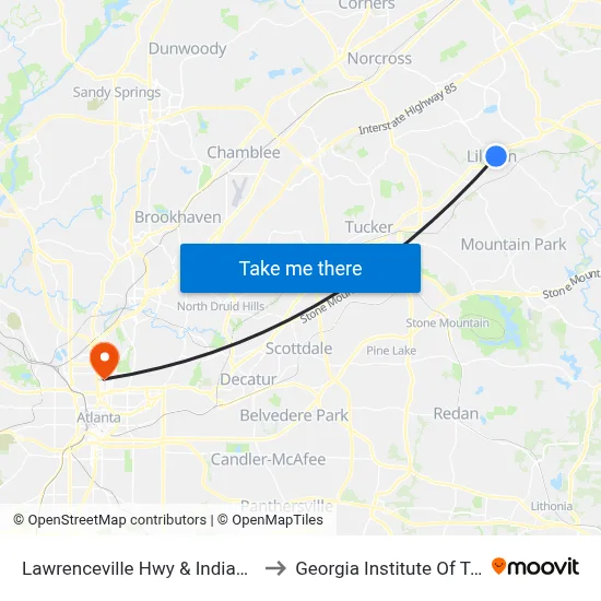 Lawrenceville Hwy & Indian Trail-Lilburn to Georgia Institute Of Technology map