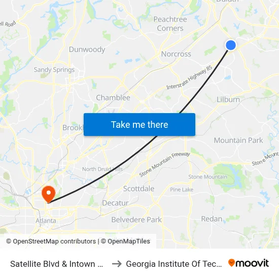 Satellite Blvd & Intown Suites Ib to Georgia Institute Of Technology map