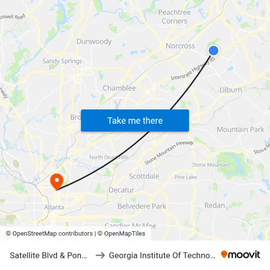 Satellite Blvd & Pond Rd to Georgia Institute Of Technology map