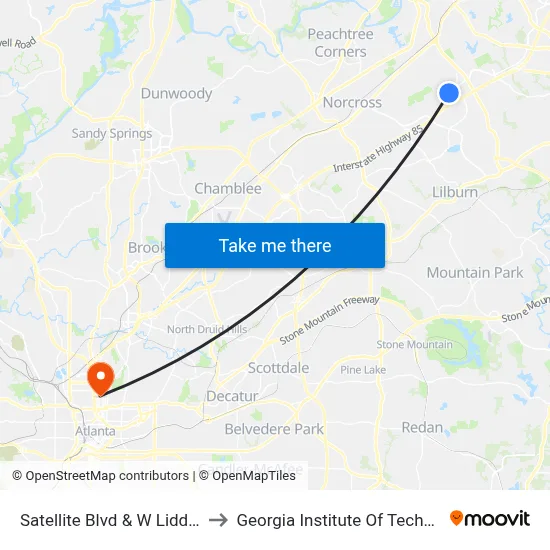 Satellite Blvd & W Liddell Rd to Georgia Institute Of Technology map