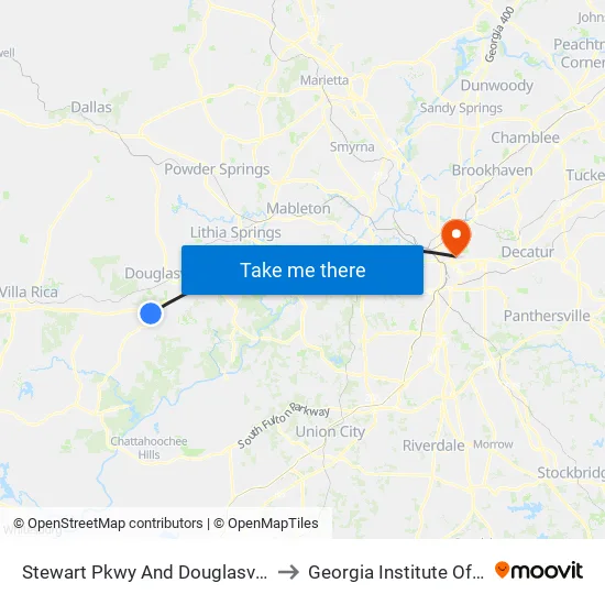 Stewart Pkwy And Douglasville Town Center to Georgia Institute Of Technology map