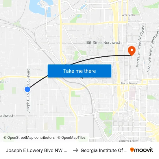 Joseph E Lowery Blvd NW @ North Ave NW to Georgia Institute Of Technology map