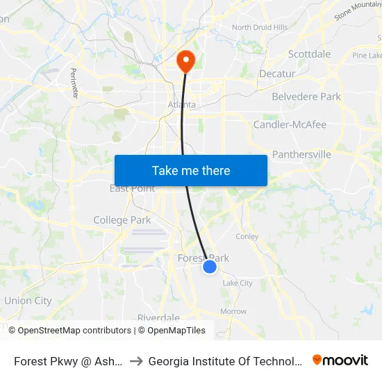 Forest Pkwy @ Ash St to Georgia Institute Of Technology map