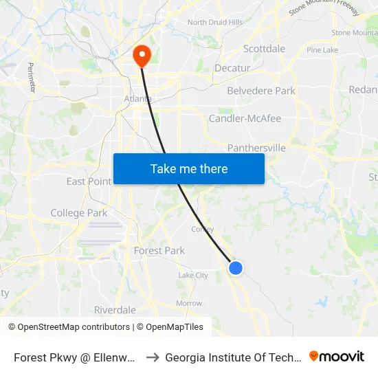 Forest Pkwy @ Ellenwood Rd to Georgia Institute Of Technology map