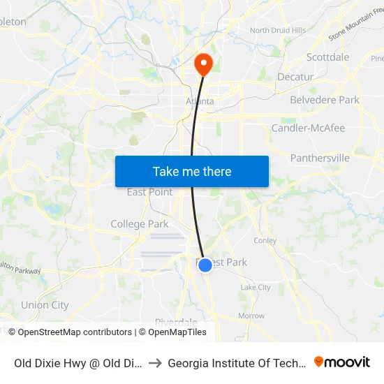 Old Dixie Hwy @ Old Dixie Rd to Georgia Institute Of Technology map