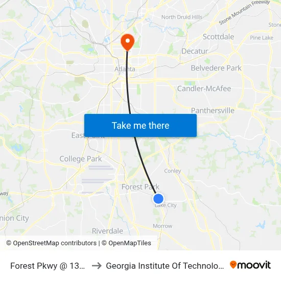 Forest Pkwy @ 1372 to Georgia Institute Of Technology map