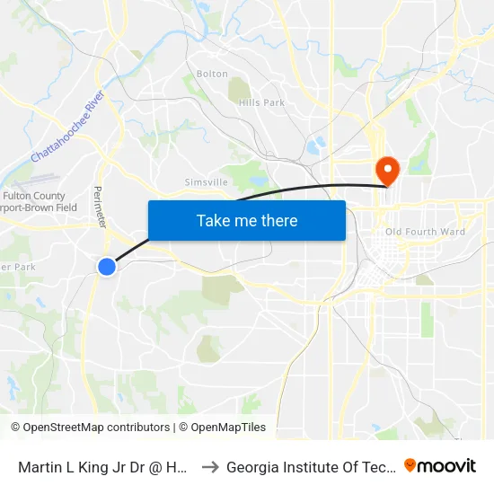 Martin L King Jr Dr @ Harwell Rd to Georgia Institute Of Technology map