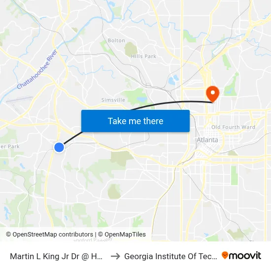 Martin L King Jr Dr @ Harwell Rd to Georgia Institute Of Technology map
