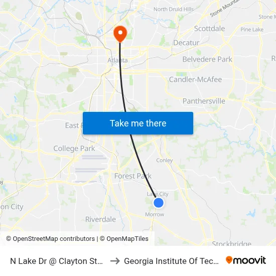 N Lake Dr @ Clayton State Blvd to Georgia Institute Of Technology map