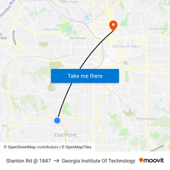 Stanton Rd @ 1847 to Georgia Institute Of Technology map