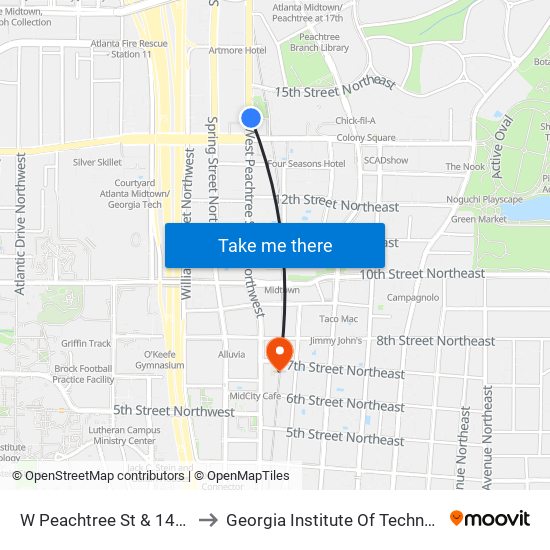 W Peachtree St & 14th St to Georgia Institute Of Technology map