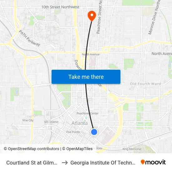 Courtland St at Gilmer St to Georgia Institute Of Technology map