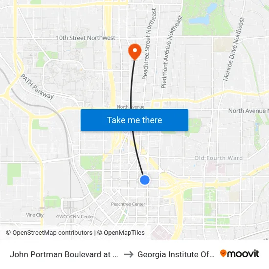 John Portman Boulevard at Courtland Street to Georgia Institute Of Technology map