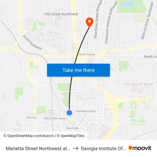 Marietta Street Northwest at Ted Turner Drive to Georgia Institute Of Technology map