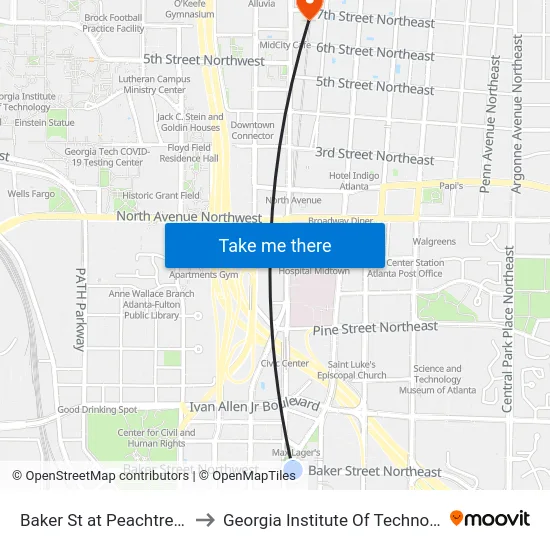 Baker St at Peachtree St to Georgia Institute Of Technology map