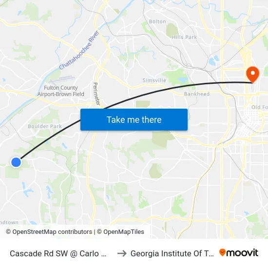Cascade Rd SW @ Carlo Woods Dr SW to Georgia Institute Of Technology map