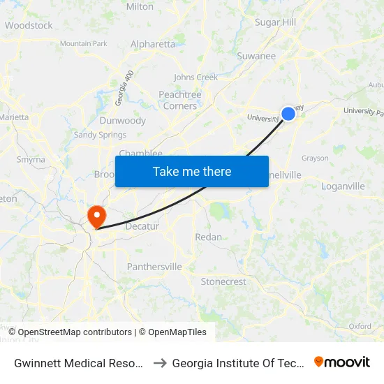 Gwinnett Medical Resource Ctr to Georgia Institute Of Technology map