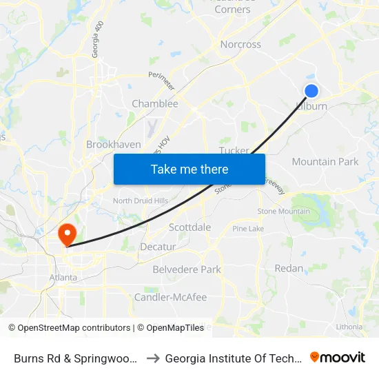 Burns Rd & Springwood Dr Ib to Georgia Institute Of Technology map