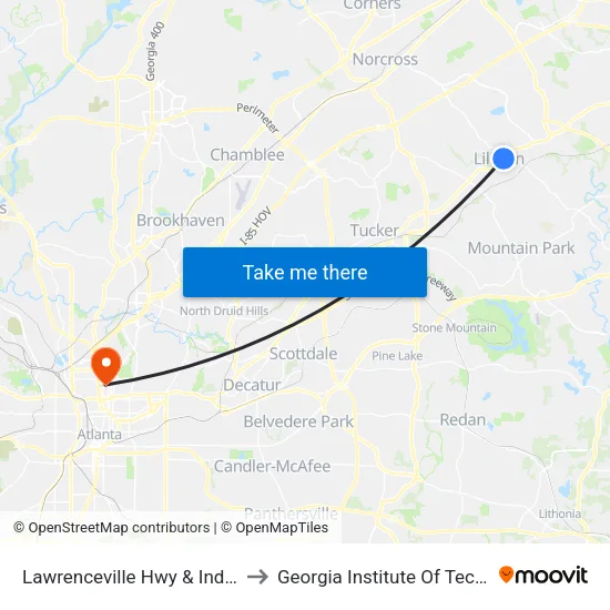 Lawrenceville Hwy & Indian Trail to Georgia Institute Of Technology map