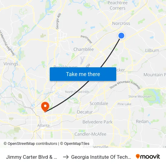 Jimmy Carter Blvd & O'Riley to Georgia Institute Of Technology map
