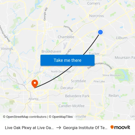 Live Oak Pkwy at Live Oak Plaza Ib to Georgia Institute Of Technology map