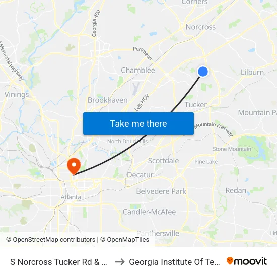 S Norcross Tucker Rd & Graves Rd to Georgia Institute Of Technology map