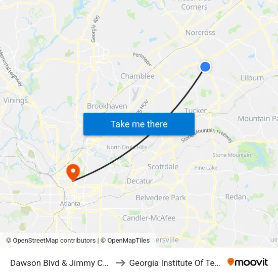 Dawson Blvd &  Jimmy Carter Blvd to Georgia Institute Of Technology map