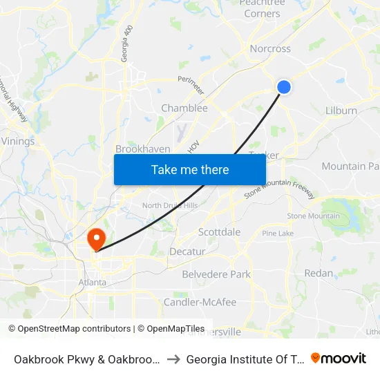 Oakbrook Pkwy & Oakbrook Lake Dr Ob to Georgia Institute Of Technology map