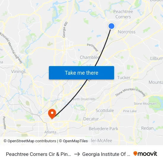 Peachtree Corners Cir & Pineland Woods D to Georgia Institute Of Technology map