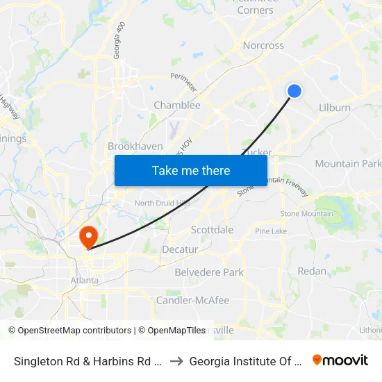 Singleton Rd & Harbins Rd (Before Light) to Georgia Institute Of Technology map