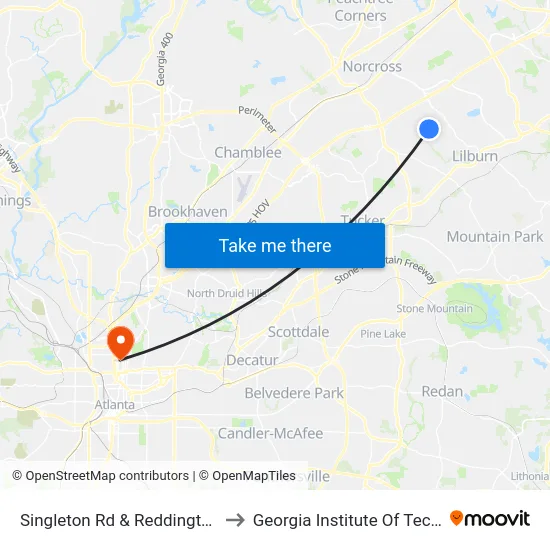 Singleton Rd & Reddington Ln Ob to Georgia Institute Of Technology map