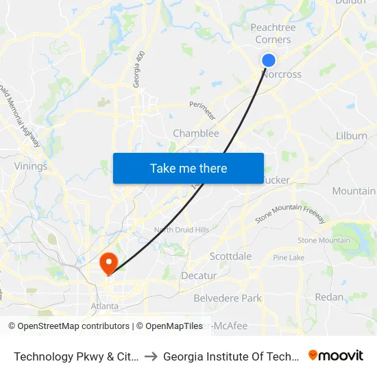 Technology Pkwy & City Hall to Georgia Institute Of Technology map