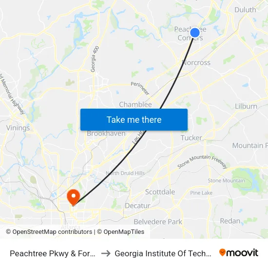 Peachtree Pkwy & Forum Ib to Georgia Institute Of Technology map