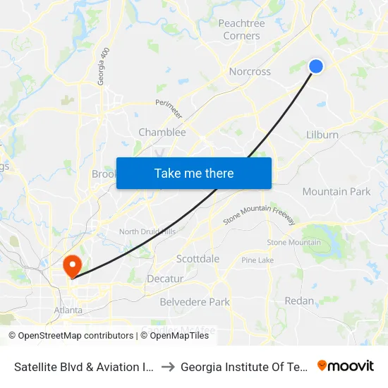 Satellite Blvd & Aviation Insitute Ib to Georgia Institute Of Technology map