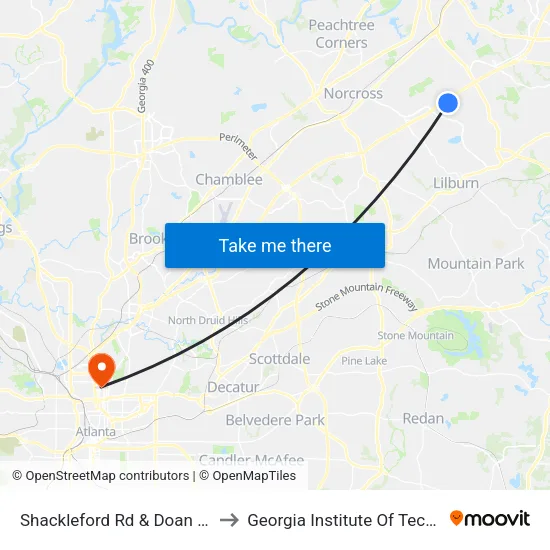 Shackleford Rd & Doan Way Ob to Georgia Institute Of Technology map