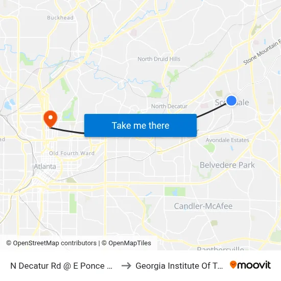 N Decatur Rd @ E Ponce De Leon Ave to Georgia Institute Of Technology map