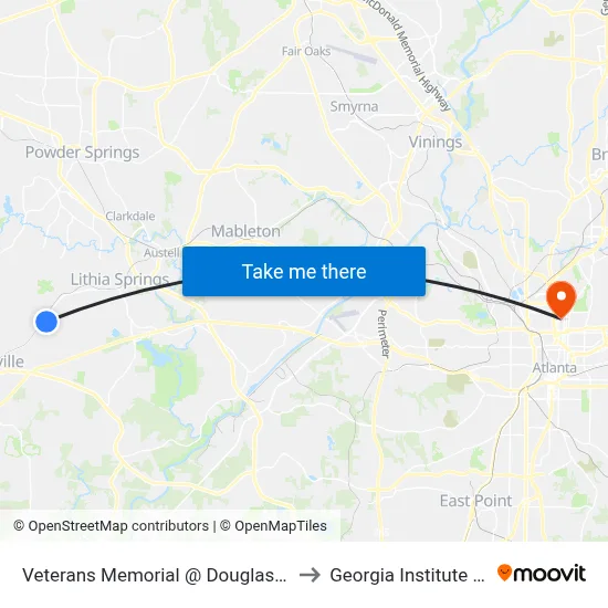 Veterans Memorial @ Douglas County School System to Georgia Institute Of Technology map