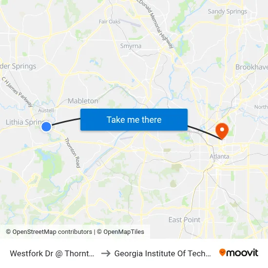 Westfork Dr @ Thornton Rd to Georgia Institute Of Technology map