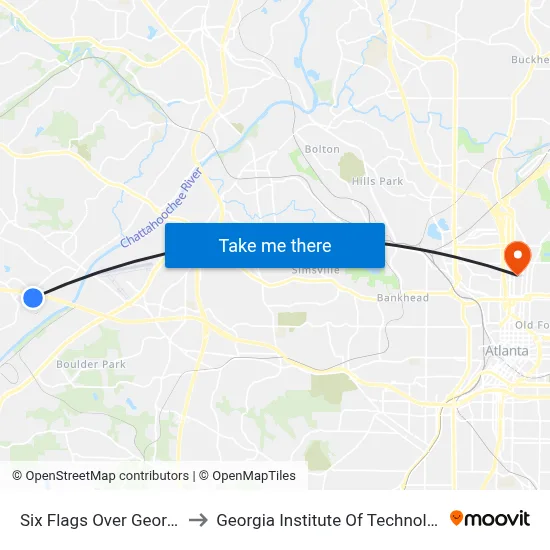 Six Flags Over Georgia to Georgia Institute Of Technology map