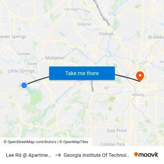 Lee Rd @ Apartments to Georgia Institute Of Technology map