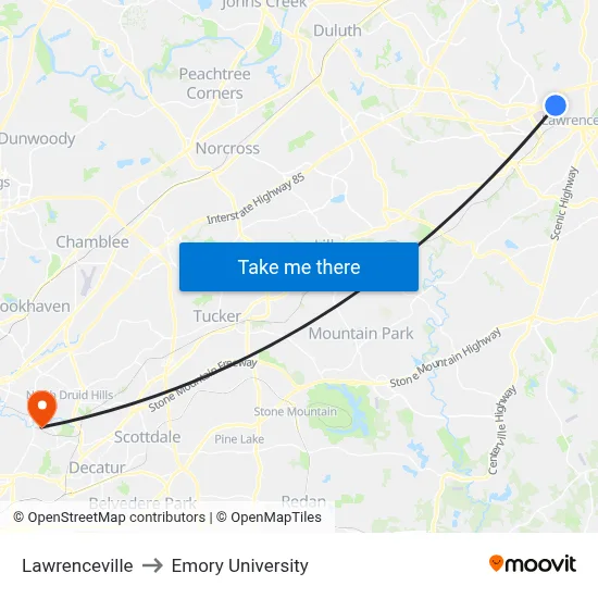 Lawrenceville to Emory University map