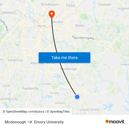 Mcdonough to Emory University map
