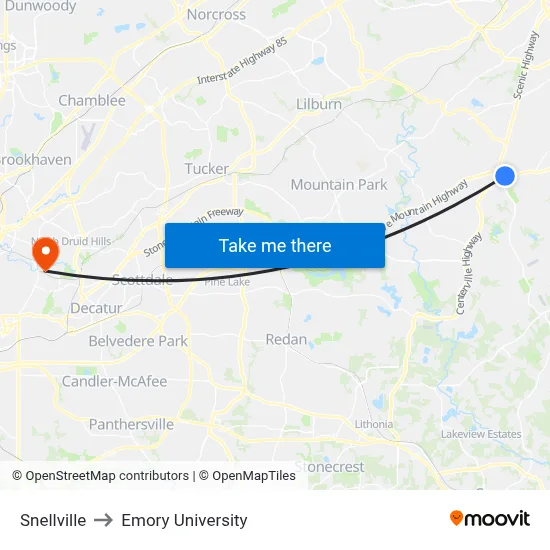 Snellville to Emory University map