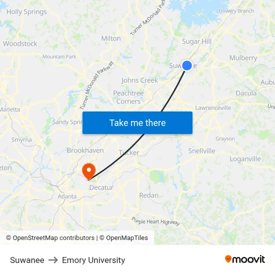 Suwanee to Emory University map