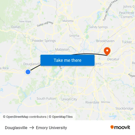 Douglasville to Emory University map