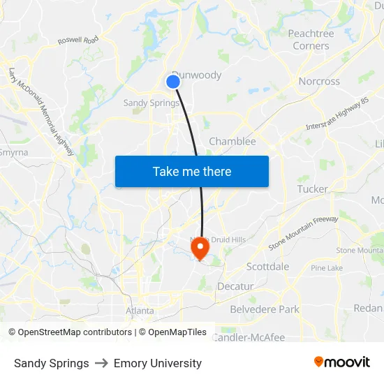 Sandy Springs to Emory University map