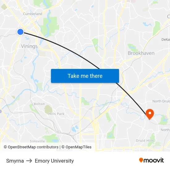 Smyrna to Emory University map