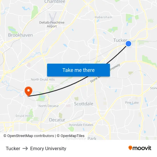 Tucker to Emory University map