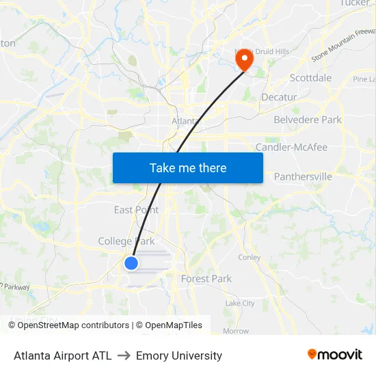 Atlanta Airport ATL to Emory University map